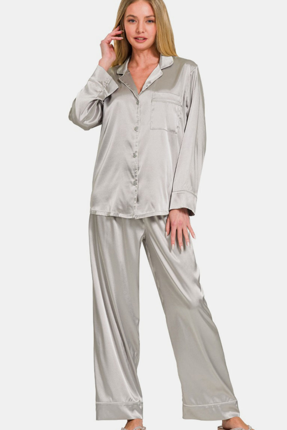 Silver Long Sleeve Shirt and Pants Satin Pajama Set