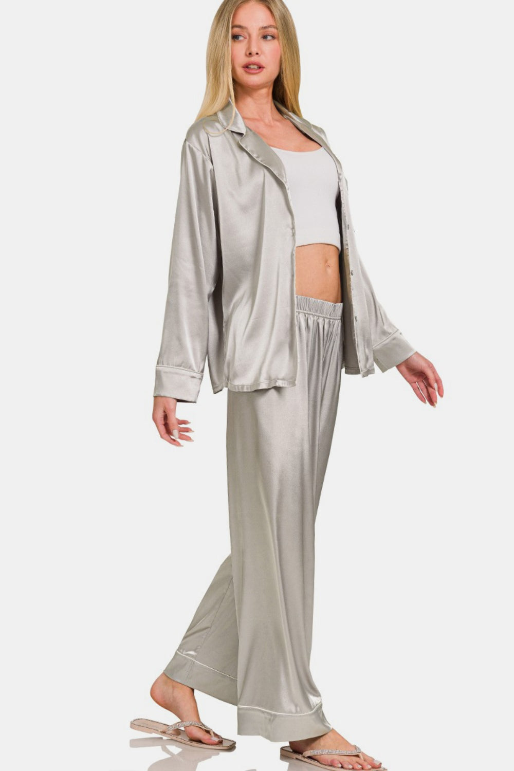 Silver Long Sleeve Shirt and Pants Satin Pajama Set