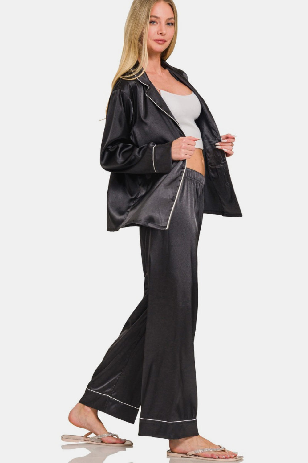 Black Long Sleeve Shirt and Pants Satin Pajama Set