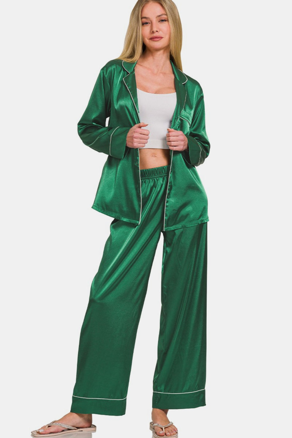 Green Long Sleeve Shirt and Pants Satin Pajama Set