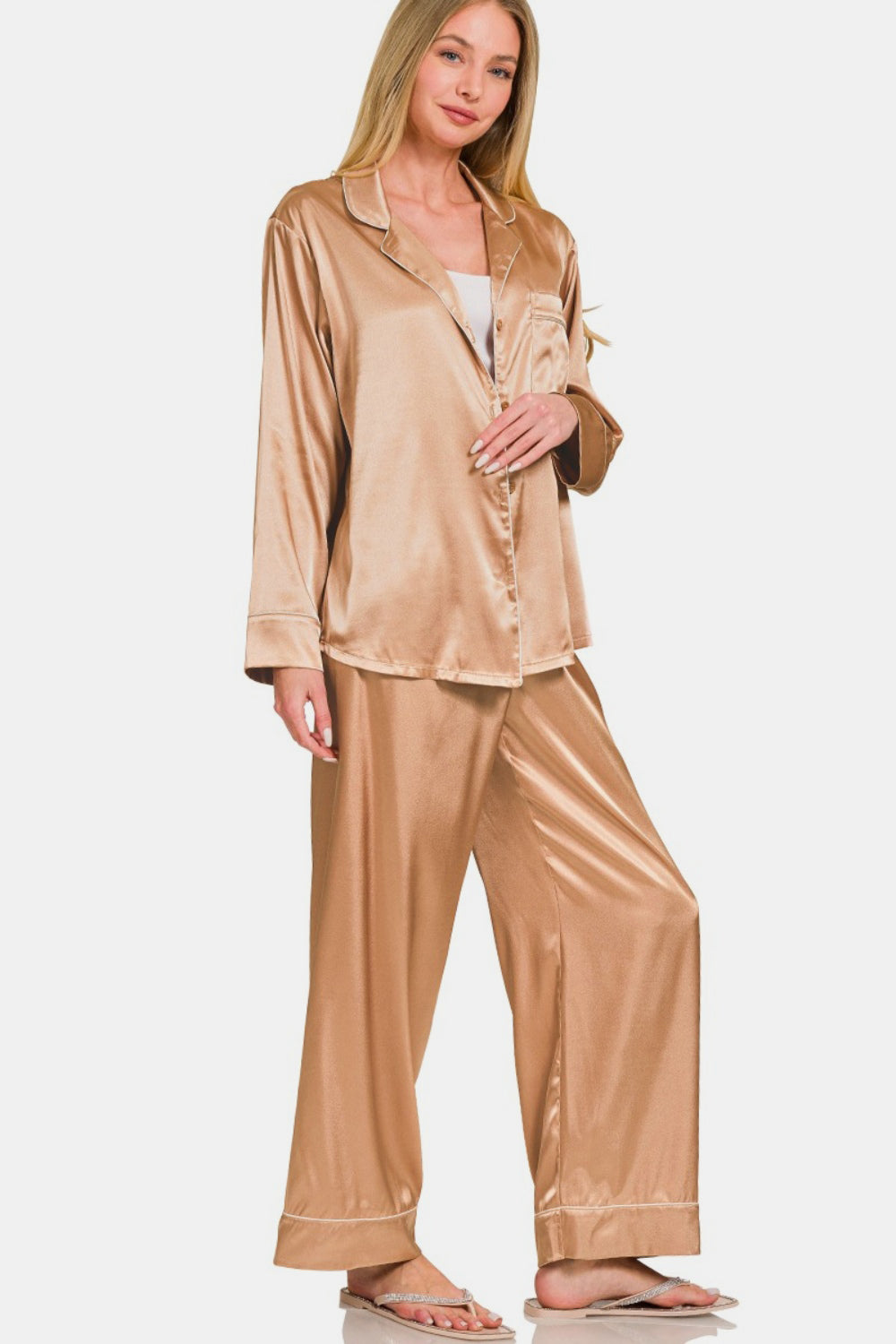 Long Sleeve Shirt and Pants Satin Pajama Set