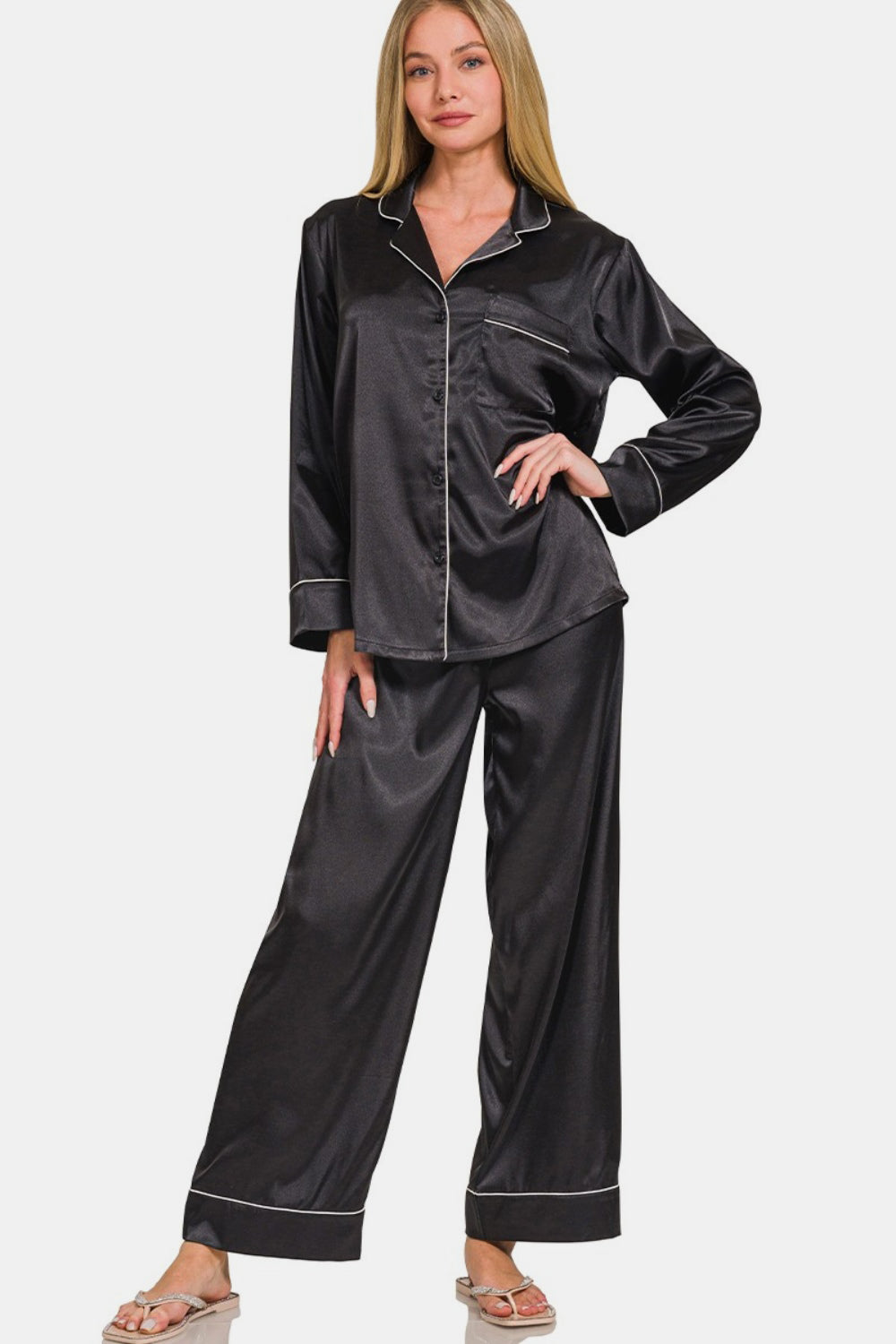 Black Long Sleeve Shirt and Pants Satin Pajama Set