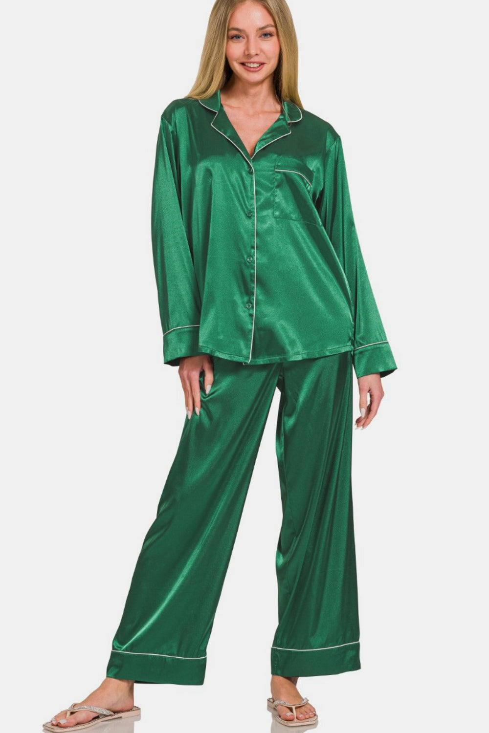 Green Long Sleeve Shirt and Pants Satin Pajama Set