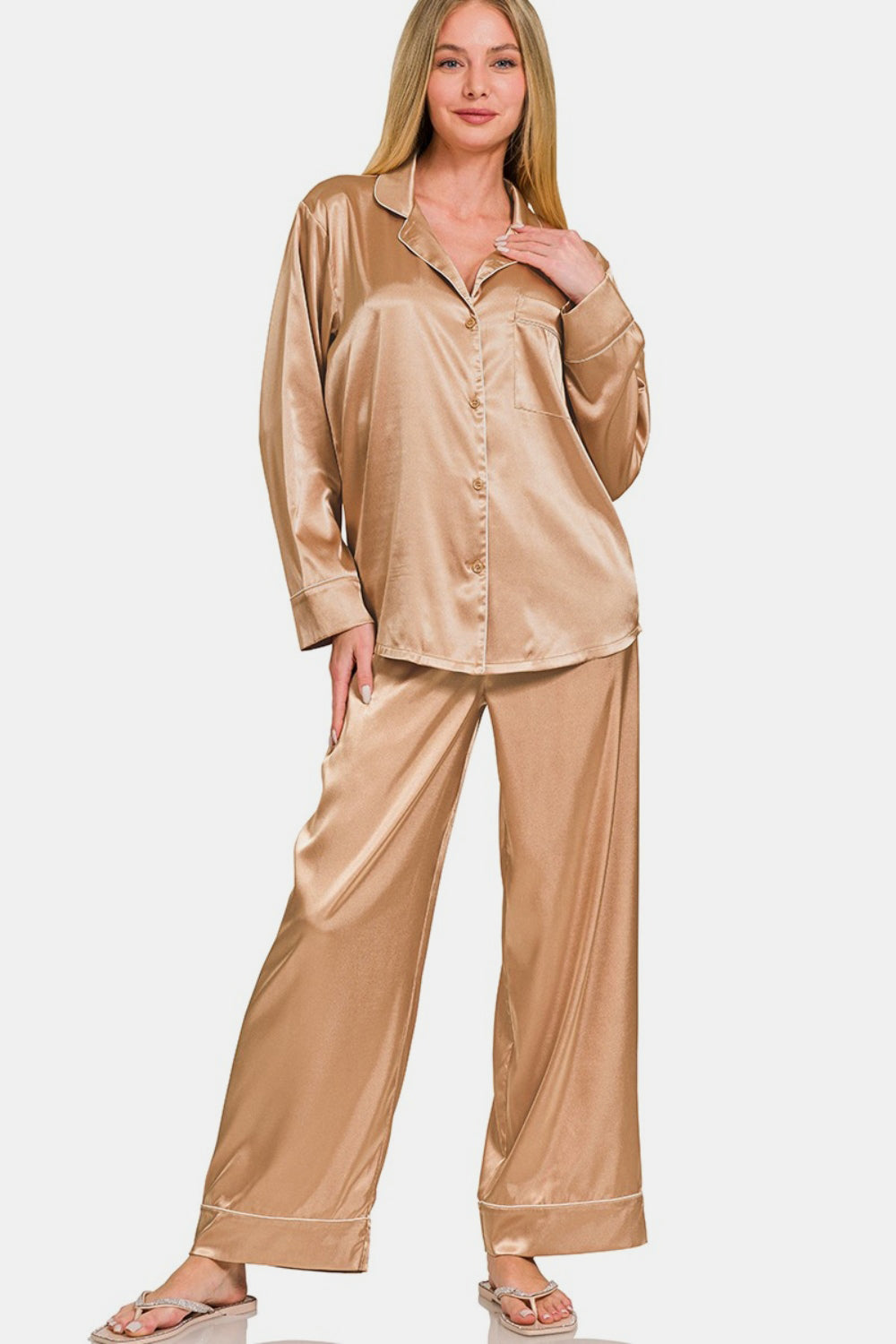 Long Sleeve Shirt and Pants Satin Pajama Set