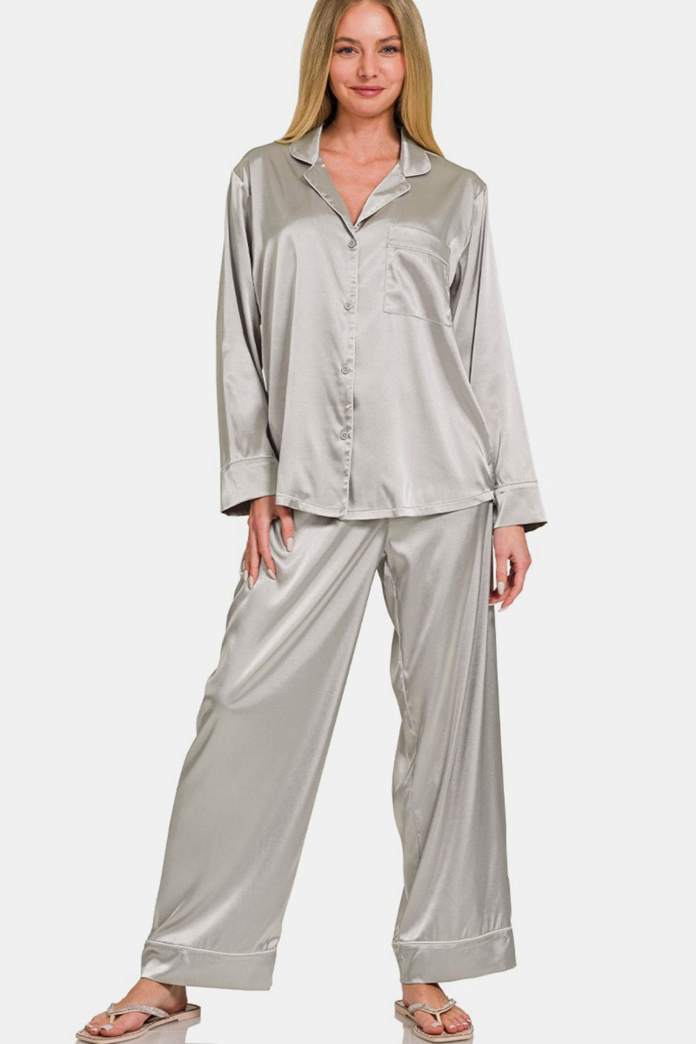 Silver Long Sleeve Shirt and Pants Satin Pajama Set